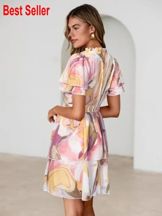 Chiffon Floral Mini Dress V Neck Short Sleeve Empire Waist Tiered - Picture 3 of 7